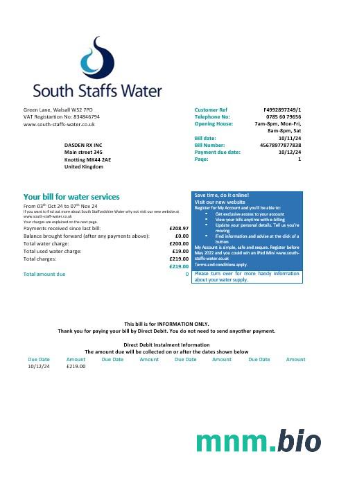 Wielka Brytania South Staffs Water water rachunek za usługi komunalne formaty Word i PDF, Wersja 2
